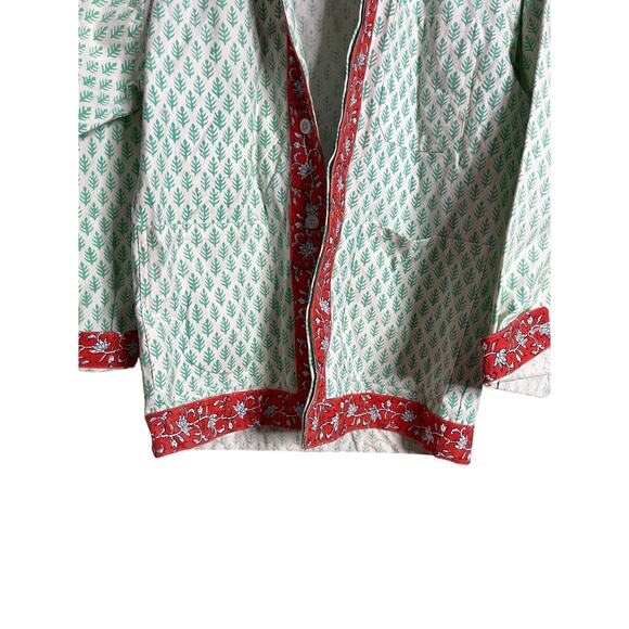 SZ Blockprints Cotton Jacket Green Leaf Red Floral Trim Hand Block Womans OS - Picture 8 of 11